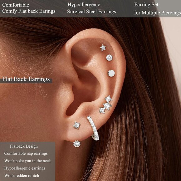 Silver Hypoallergenic Flat Back Cartilage Earring Set - 20G Surgical Steel, Tren - Picture 3 of 6